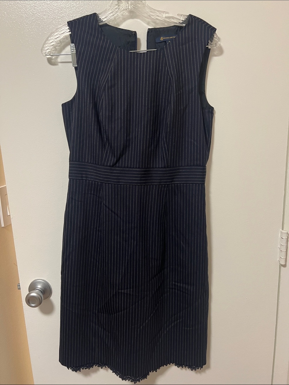 Brooks Brothers Navy Pinstripe Sleeveless Sheath Lace Trim Midi Dress